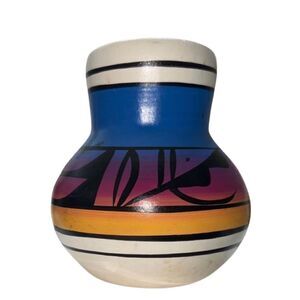 Vintage Signed Indian Colorful Rainbow Sunset Clay Art Jar